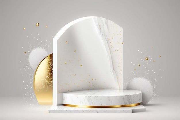 White and golden product presentation mockup Marble podium with copy space Stage display showroom Empty scene Generative AI