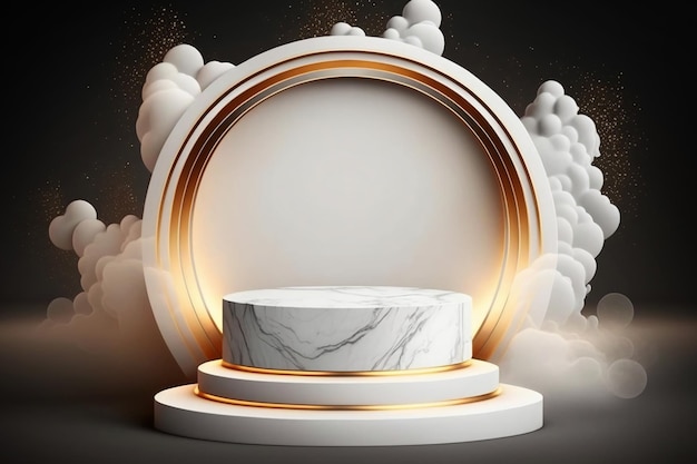 White and golden product presentation mockup Marble podium with copy space Stage display showroom Empty scene Generative AI