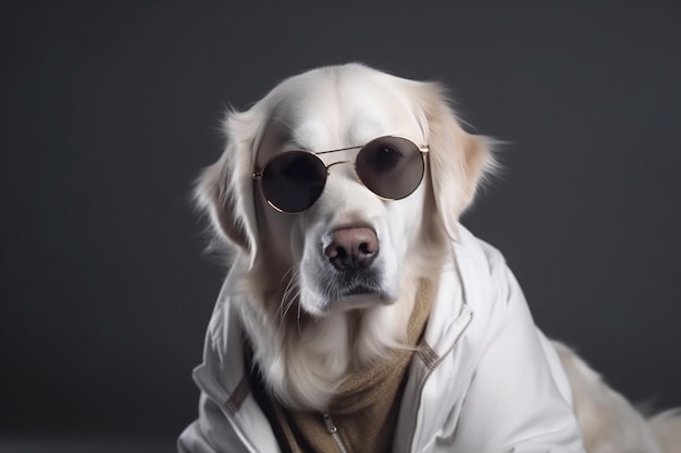 White golden retriever posing in studio with street clothes and glasses musical artist look