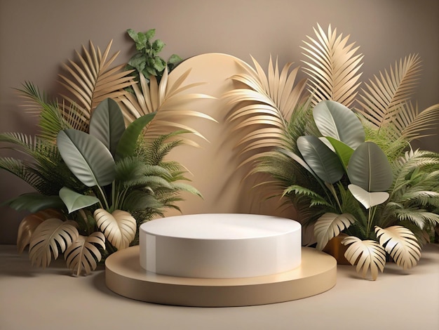 White and golden round platform on a background with tropical plants 3D rendering