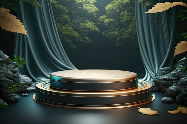 White and golden round podium stage product display showcase on natural forest theme Generated AI