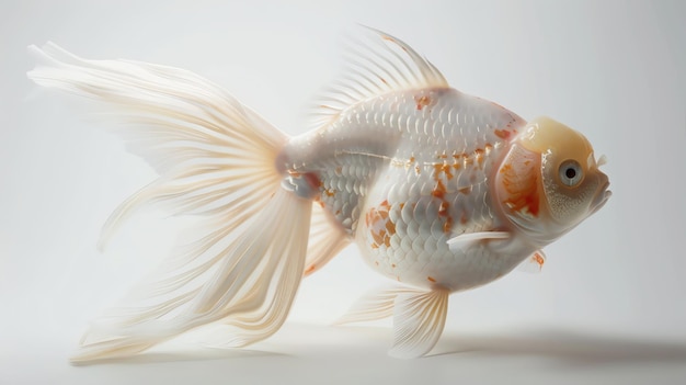 A white goldfish with orange markings swims gracefully in a clear tank