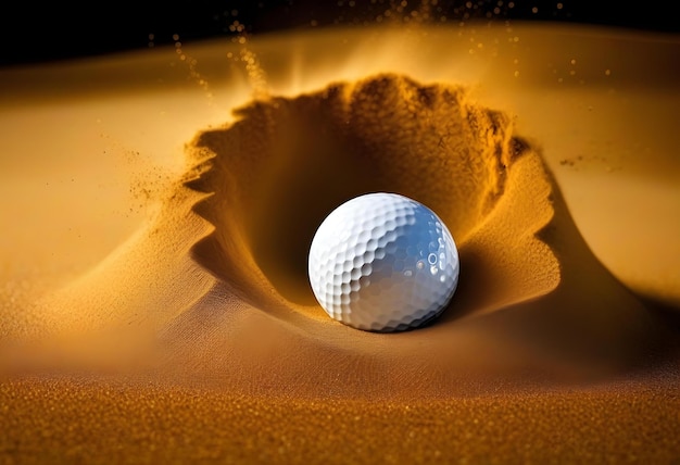 White golf ball in golden dry sand explosion on black background