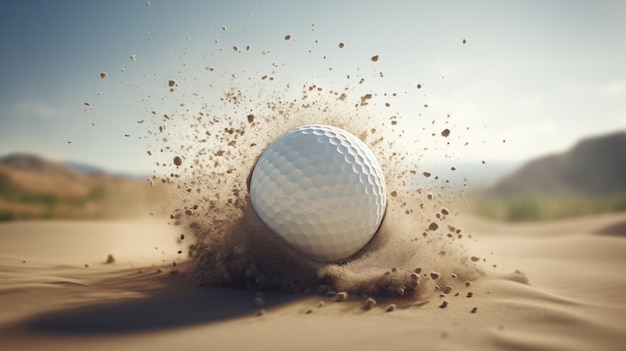 White golf ball in golden sand explosion on bunker background of golf course