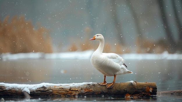 White goose standing alone on a log surrounded by snowy landscape