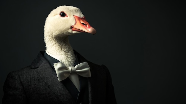 A white goose wearing a black suit and a bow tie showcasing a humorous juxtaposition of elegan