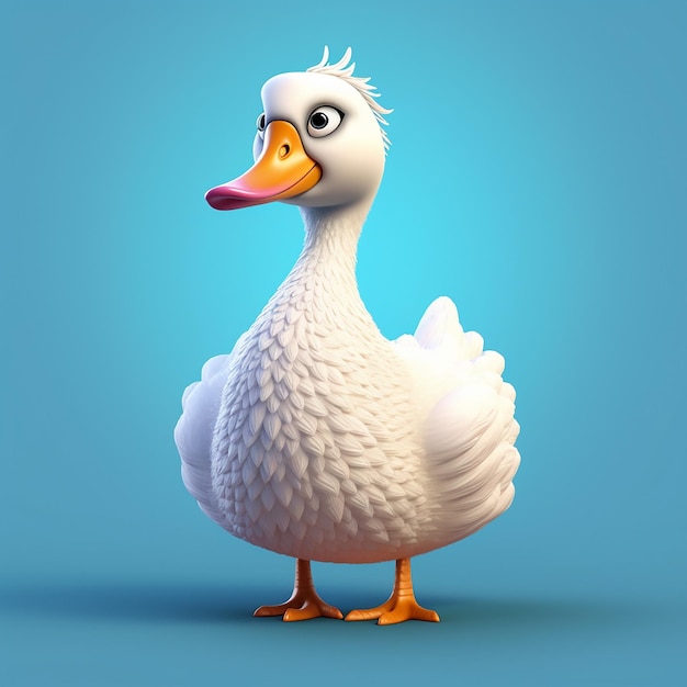 A white goose with a pink beak and a black nose is on a blue background.