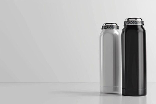 Photo white gray and black thermos bottles aluminium thermos bottle on white background 3d rendering mocku