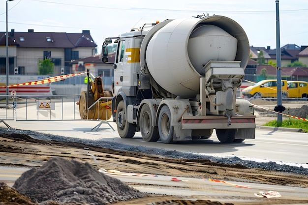 Photo a white and gray cement truck with a yellow sign on the side of it