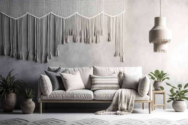 White and gray living room with plaster wall decor in the WabiSabi style Minimalist macrame wall art