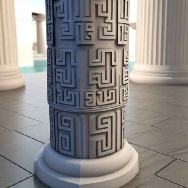 a white and gray pillar with a design on it