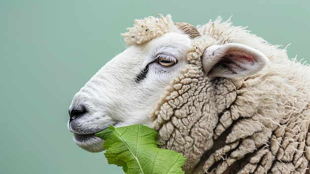 Photo white and gray sheep closeup nibbling