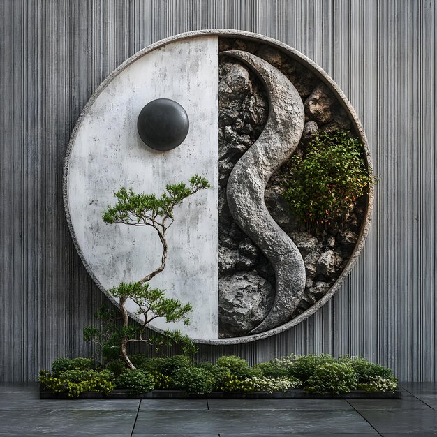 Photo a white and gray wall with a round clock on it and the word bonsai on it