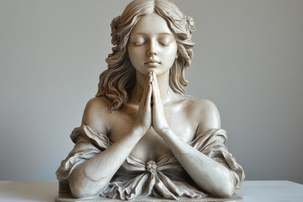 Photo white greek marble sculpture of woman praying with hands raised classic art and divine elegance