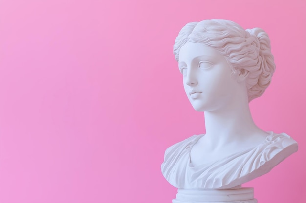 White Greek sculpture of a womans head on a pink background with copy space An art and culture concept