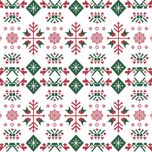 Photo a white and green christmas pattern with red and green snowflakes generative ai