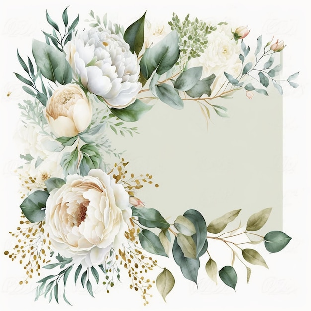 A white and green floral border with peonies and leaves.