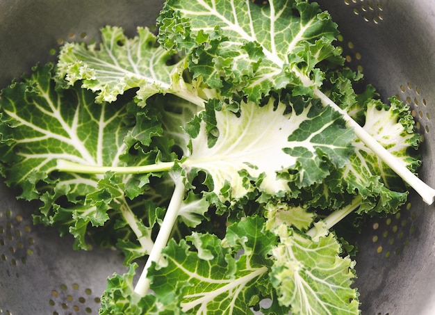 White and green kale leaves in a colander