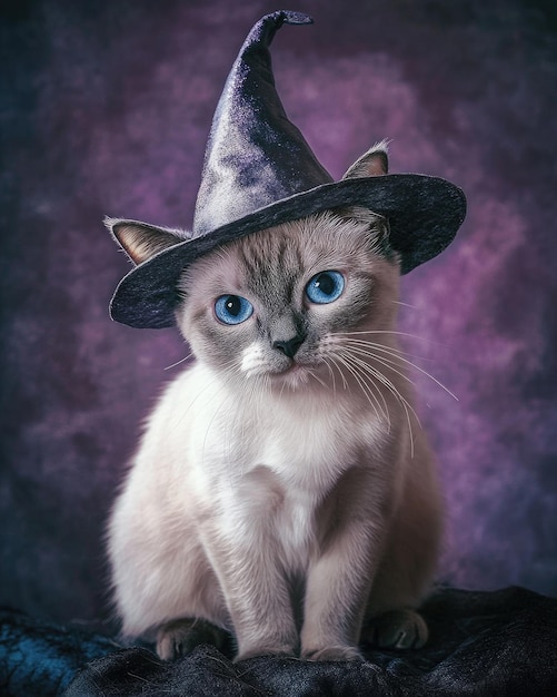 A white and grey cat bright blue eyes wearing a small pointed witch hat