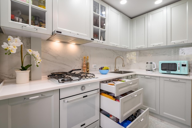 White and grey new modern well designed kitchen interior