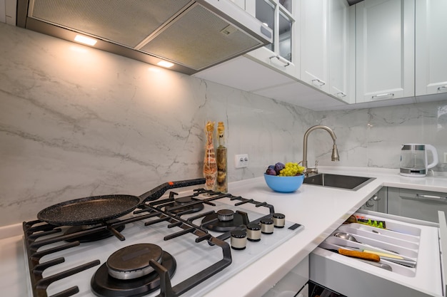 White and grey new modern well designed kitchen interior