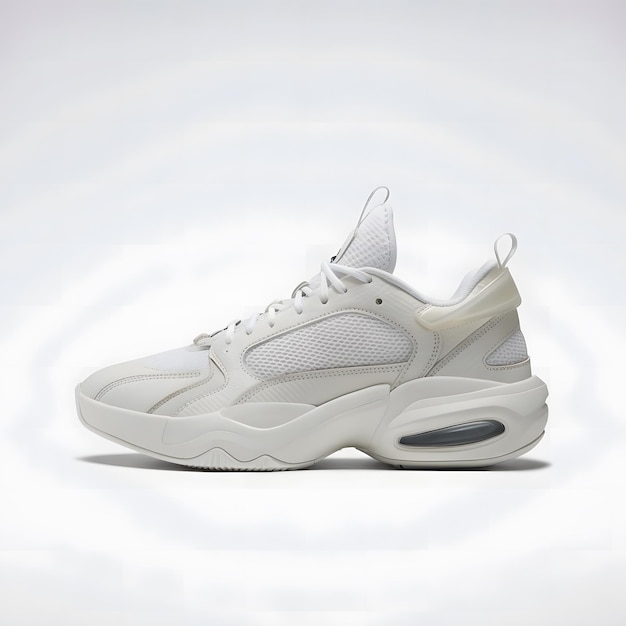 a white and grey sneaker with a white sole that says quot the brand quot