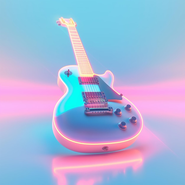 white guitar 3D in bright neon light on a blue and pink