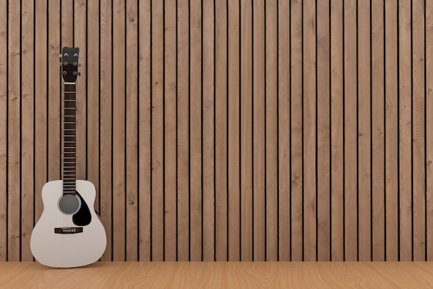 White guitar in wood plank room design in 3D rendering