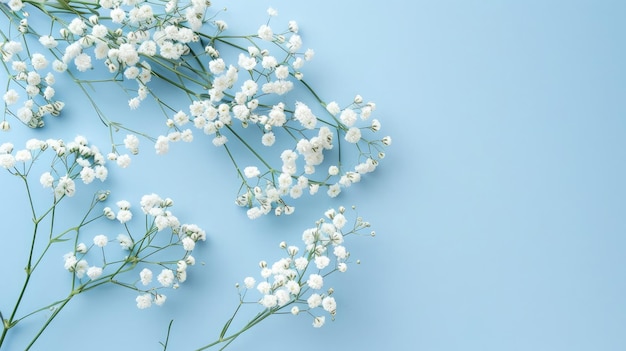 White gypsophila flowers or baby39s breath flowers on blue background Copy space