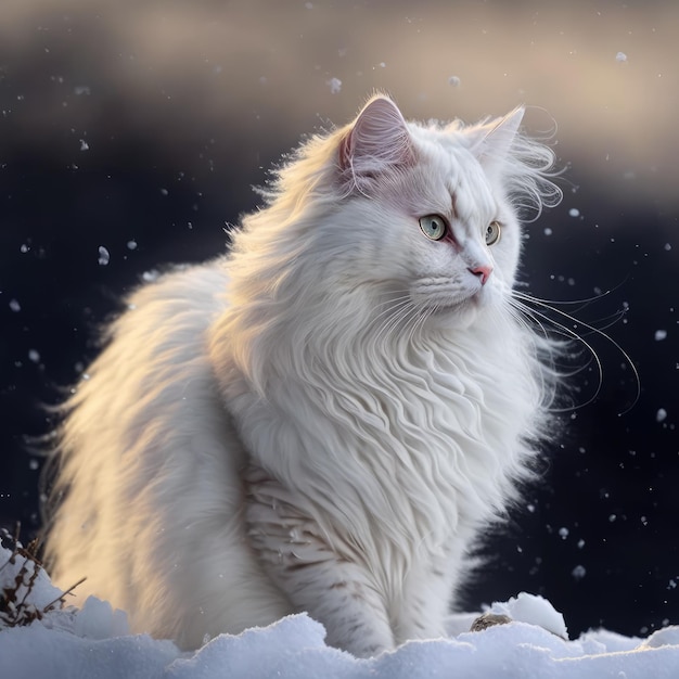 White Haired Cat Under Snow Generative AI