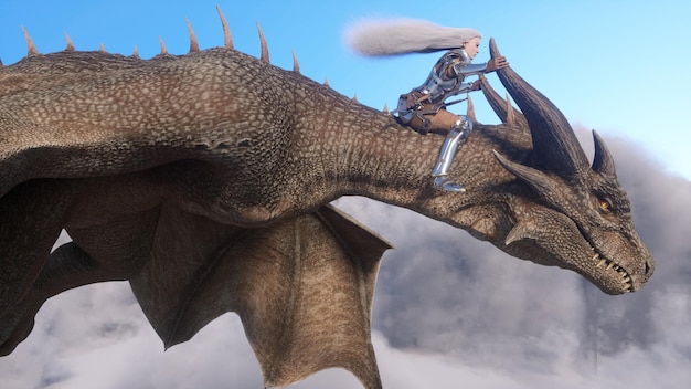 White haired female warrior knight flies on a dragon above the cloudsFantasy artwork scene CGI animation 3d rendering