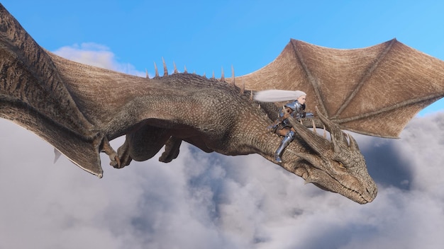 White haired female warrior knight flies on a dragon above the cloudsFantasy artwork scene CGI animation 3d rendering