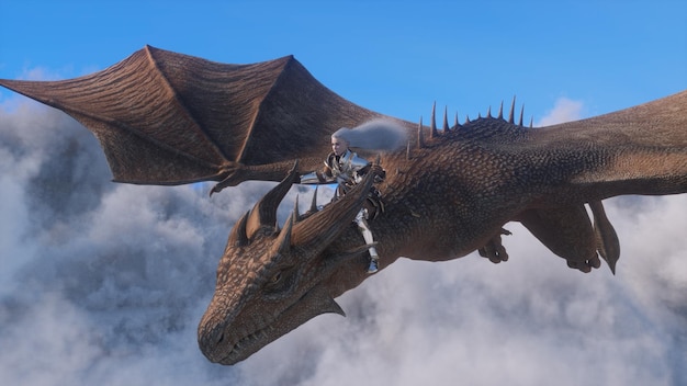 White haired female warrior knight flies on a dragon above the cloudsFantasy artwork scene CGI animation 3d rendering