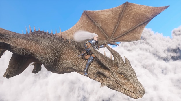 White haired female warrior knight flies on a dragon above the cloudsFantasy artwork scene CGI animation 3d rendering