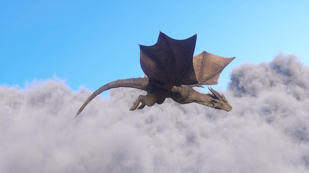 White haired female warrior knight flies on a dragon above the cloudsFantasy artwork scene CGI animation 3d rendering