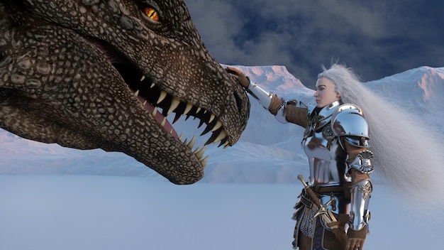 White haired female warrior knight petting the dragon against the backdrop of snow capped mountains Fantasy artwork scene CGI animation 3d rendering