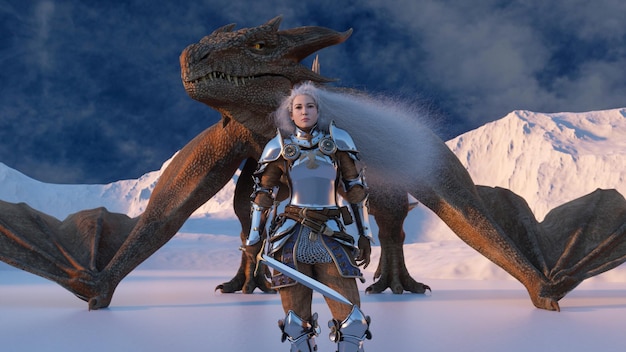 White haired female warrior knight stands with a drawn sword and a dragon behind against the backdrop of snow capped mountains Fantasy artwork scene CGI animation 3d rendering