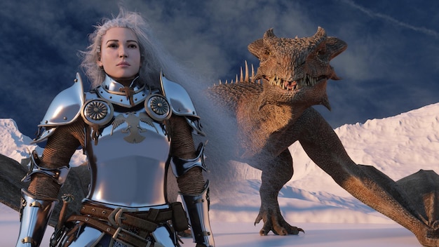 White haired female warrior knight stands with a drawn sword and a dragon behind against the backdrop of snow capped mountains Fantasy artwork scene CGI animation 3d rendering