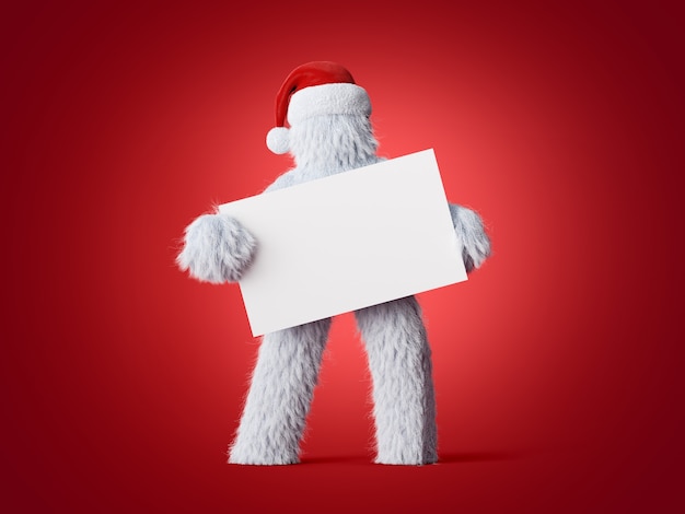 White hairy yeti wears Christmas hat holds blank card