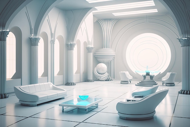 White hall with holographic projections and futuristic furniture