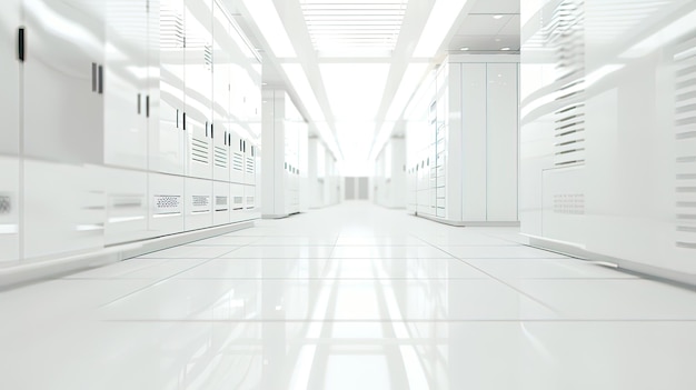 a white hallway with a white floor and a large white floor with a large white light on it