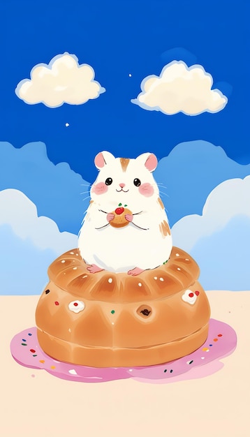 Photo white hamster on plain donut in clouds fairytale watercolorstyle illustrations