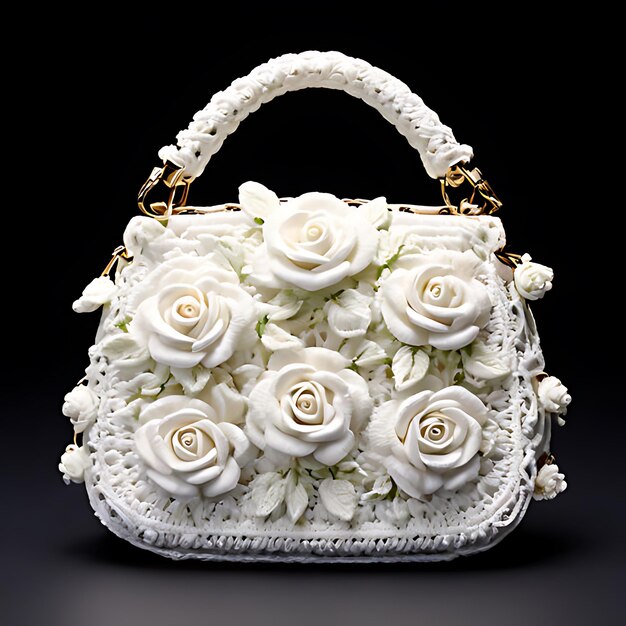 Photo a white handbag with a white flower on it is on a black background