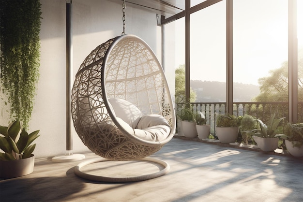 A white hanging chair with a cushion that says'relax'on it generative ai