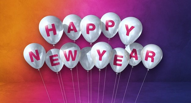 White happy new year balloons bunch on a rainbow background. Horizontal banner. 3D illustration render