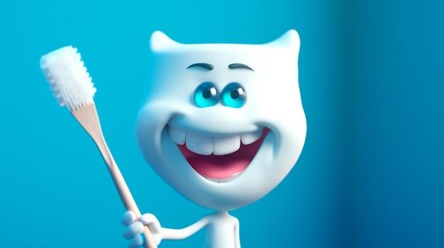 White happy tooth with a toothbrush on blue background cartoon character Generative AI