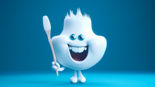 White happy tooth with a toothbrush on blue background cartoon character Generative AI