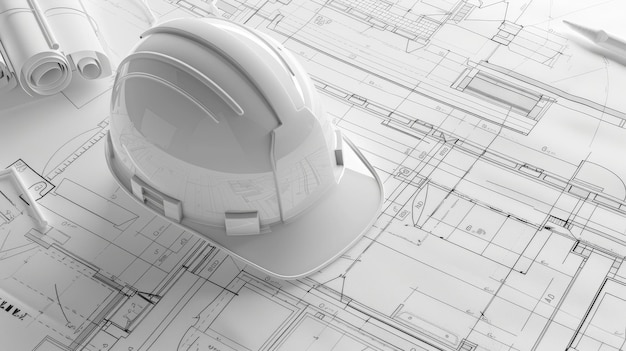 White Hard Hat on Architectural Blueprint