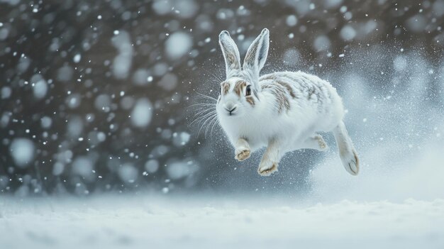 White Hare Leaping Through Falling Snow