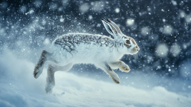 White Hare Leaping Through Snowfall in Wintery Landscape